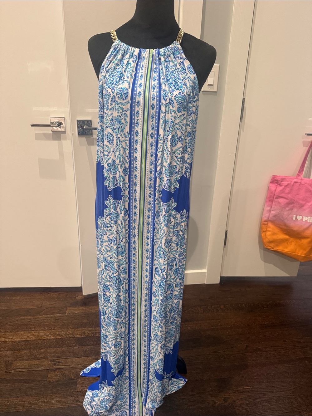 Blue & White Paisley Halter Maxi Dress